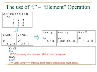 The use of “.” – “Element” Operation
K= x^2
Erorr:
??? Error using ==> mpower Matrix must be square.
B=x*y
Erorr:
??? Error using ==> mtimes Inner matrix dimensions must agree.
A = [1 2 3; 5 1 4; 3 2 1]
A =
1 2 3
5 1 4
3 2 -1
y = A(3 ,:)
y=
3 4 -1
b = x .* y
b=
3 8 -3
c = x . / y
c=
0.33 0.5 -3
d = x .^2
d=
1 4 9
x = A(1,:)
x=
1 2 3
 