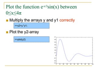 Plot the function e-x/3sin(x) between
0≤x≤4π
■ Multiply the arrays y and y1 correctly
■ Plot the y2-array
>>y2=y.*y1;
>>plot(y2)
10 20 30 40 50 60 70 80 90 100
-0.3
0
0.4
0.3
0.2
0.1
0
-0.1
-0.2
0.5
0.6
0.7
 