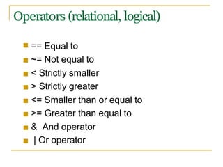 Operators (relational, logical)
■ == Equal to
■ ~= Not equal to
■ < Strictly smaller
■ > Strictly greater
■ <= Smaller than or equal to
■ >= Greater than equal to
■ & And operator
■ | Or operator
 