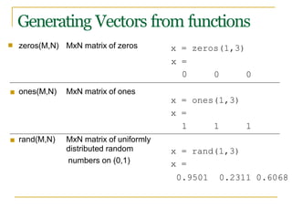 Generating Vectors from functions
■ zeros(M,N) MxN matrix of zeros
x =
0 0 0
■ ones(M,N) MxN matrix of ones
x = ones(1,3)
x =
1 1 1
■ rand(M,N) MxN matrix of uniformly
distributed random x = rand(1,3)
numbers on (0,1) x =
x = zeros(1,3)
0.9501 0.2311 0.6068
 