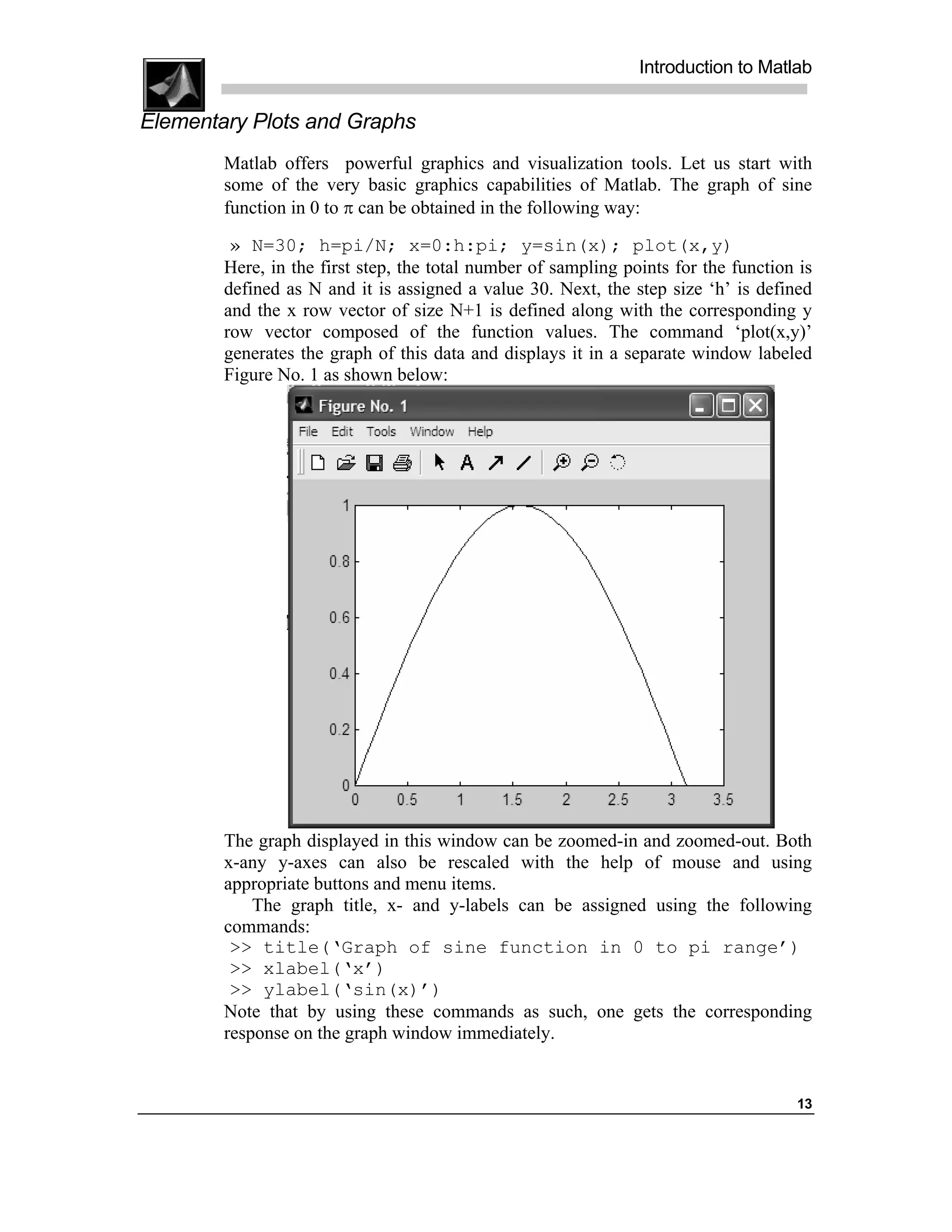Introduction to Matlab

Elementary Plots and Graphs
        Matlab offers powerful graphics and visualization tools. Let us start with
        some of the very basic graphics capabilities of Matlab. The graph of sine
        function in 0 to π can be obtained in the following way:

         » N=30; h=pi/N; x=0:h:pi; y=sin(x); plot(x,y)
        Here, in the first step, the total number of sampling points for the function is
        defined as N and it is assigned a value 30. Next, the step size ‘h’ is defined
        and the x row vector of size N+1 is defined along with the corresponding y
        row vector composed of the function values. The command ‘plot(x,y)’
        generates the graph of this data and displays it in a separate window labeled
        Figure No. 1 as shown below:




        The graph displayed in this window can be zoomed-in and zoomed-out. Both
        x-any y-axes can also be rescaled with the help of mouse and using
        appropriate buttons and menu items.
            The graph title, x- and y-labels can be assigned using the following
        commands:
         >> title(‘Graph of sine function in 0 to pi range’)
         >> xlabel(‘x’)
         >> ylabel(‘sin(x)’)
        Note that by using these commands as such, one gets the corresponding
        response on the graph window immediately.


                                                                                     13
 