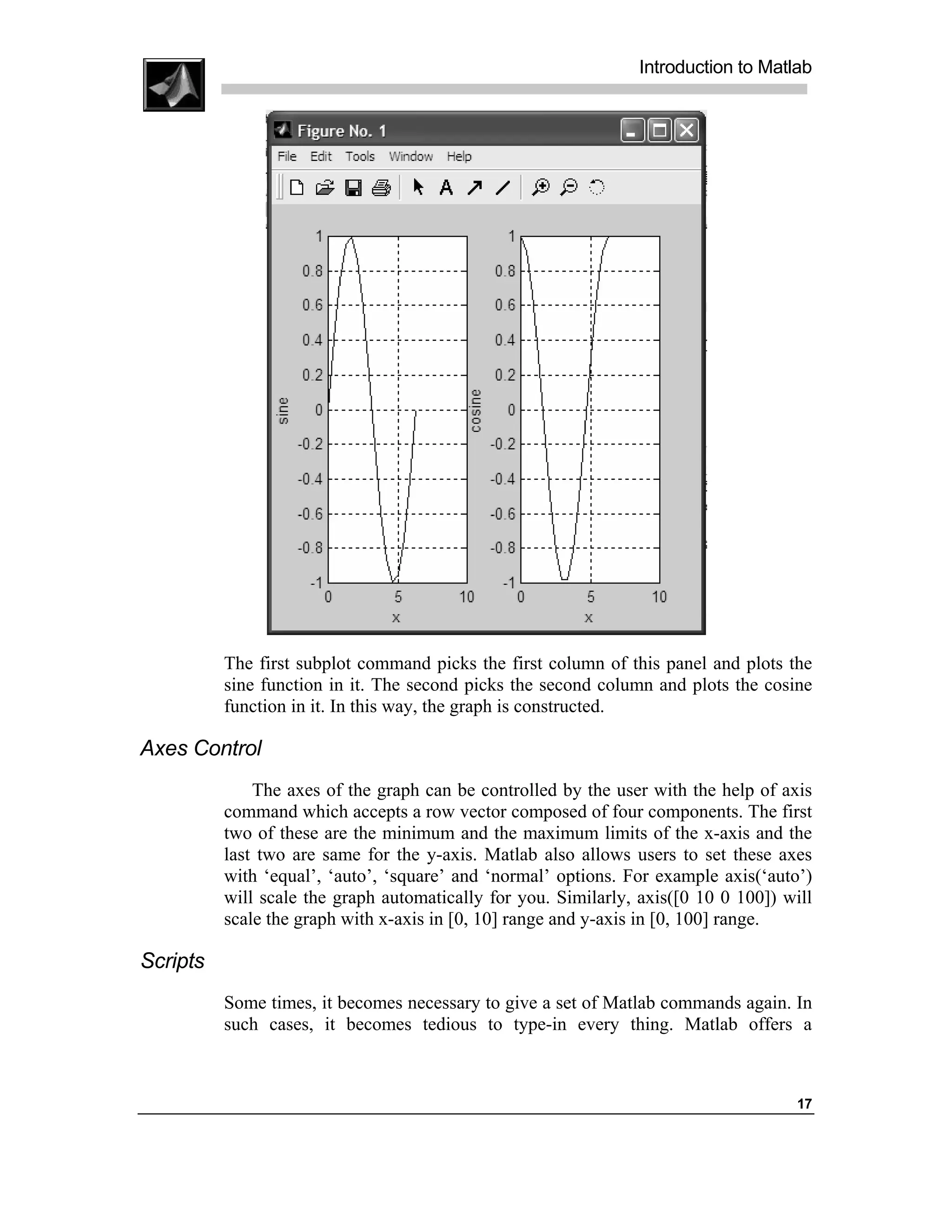 Introduction to Matlab




          The first subplot command picks the first column of this panel and plots the
          sine function in it. The second picks the second column and plots the cosine
          function in it. In this way, the graph is constructed.

Axes Control
              The axes of the graph can be controlled by the user with the help of axis
          command which accepts a row vector composed of four components. The first
          two of these are the minimum and the maximum limits of the x-axis and the
          last two are same for the y-axis. Matlab also allows users to set these axes
          with ‘equal’, ‘auto’, ‘square’ and ‘normal’ options. For example axis(‘auto’)
          will scale the graph automatically for you. Similarly, axis([0 10 0 100]) will
          scale the graph with x-axis in [0, 10] range and y-axis in [0, 100] range.

Scripts
          Some times, it becomes necessary to give a set of Matlab commands again. In
          such cases, it becomes tedious to type-in every thing. Matlab offers a



                                                                                     17
 