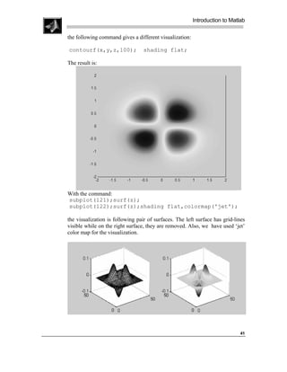 Introduction to Matlab

the following command gives a different visualization:

contourf(x,y,z,100);              shading flat;

The result is:




With the command:
subplot(121);surf(z);
subplot(122);surf(z);shading flat,colormap('jet');

the visualization is following pair of surfaces. The left surface has grid-lines
visible while on the right surface, they are removed. Also, we have used ‘jet’
color map for the visualization.




                                                                             41
 