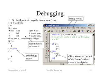 Introduction to Matlab Sumitha Balasuriya 20
Debugging
• Set breakpoints to stop the execution of code
>> [i j]=sort2(2,4)
K>>
K>> whos
Name Size Bytes Class
a 1x1 8 double array
b 1x1 8 double array
Grand total is 2 elements using 16 bytes
K>> a
a =
2
K>> return
i =
4
j =
2
Click mouse on the left
of the line of code to
create a breakpoint
local function
workspace
exit debug
mode
Debug menus
 