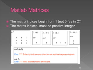  The matrix indices begin from 1 (not 0 (as in C))
 The matrix indices must be positive integer
12
 