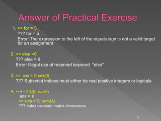 1. >> for = 5
??? for = 5
Error: The expression to the left of the equals sign is not a valid target
for an assignment
2. >> else =6
??? else = 6
Error: Illegal use of reserved keyword "else"
3. >> cos = 2; cos(0)
??? Subscript indices must either be real positive integers or logicals
4. >> A = [1,2,3]; sum(A)
ans = 6
>> sum = 7; sum(A)
??? Index exceeds matrix dimensions
2
 