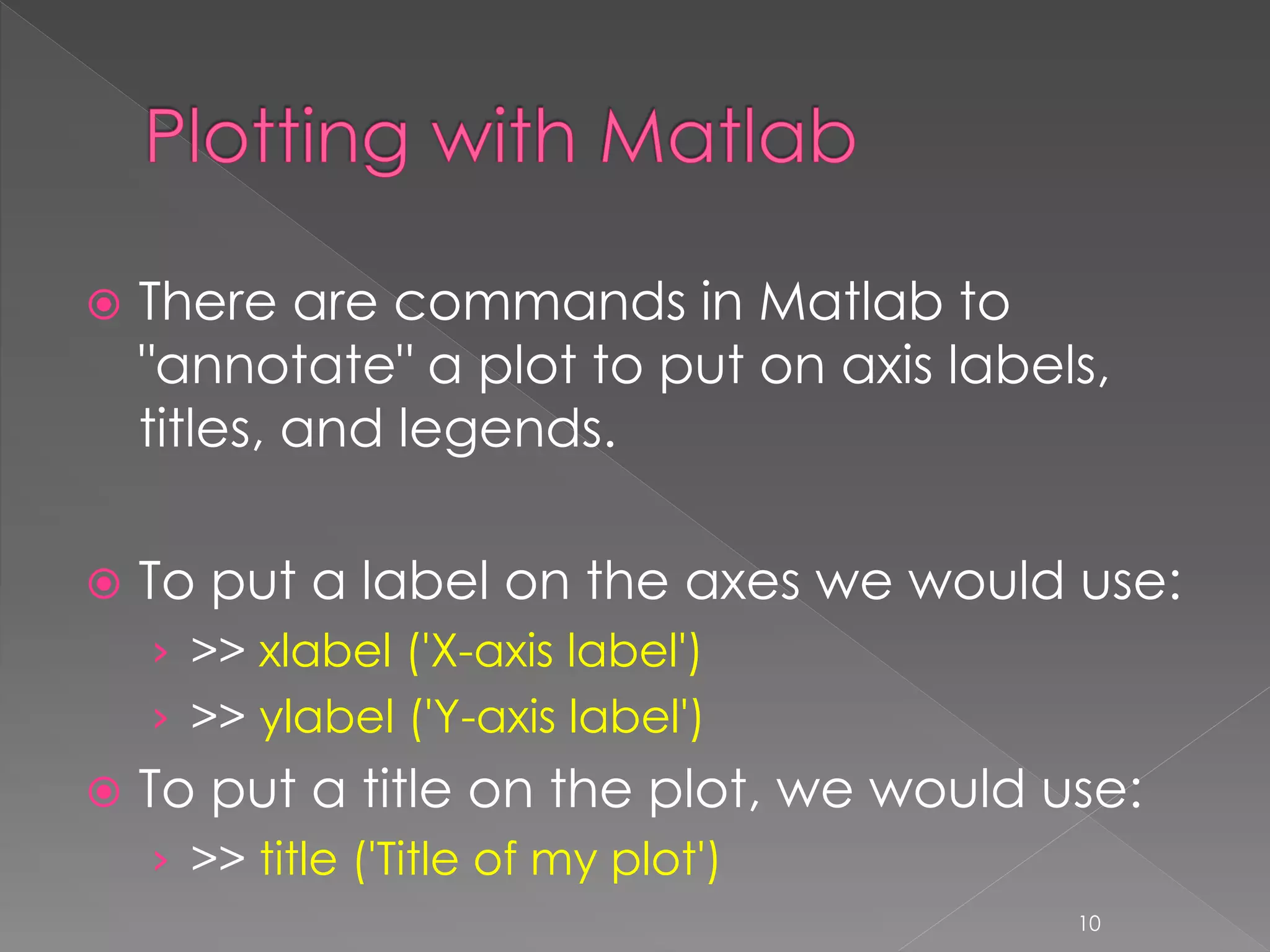  There are commands in Matlab to "annotate" a plot to put on axis labels, titles, and legends.  To put a label on the axes we would use: › >> xlabel ('X-axis label') › >> ylabel ('Y-axis label')  To put a title on the plot, we would use: › >> title ('Title of my plot') 10 