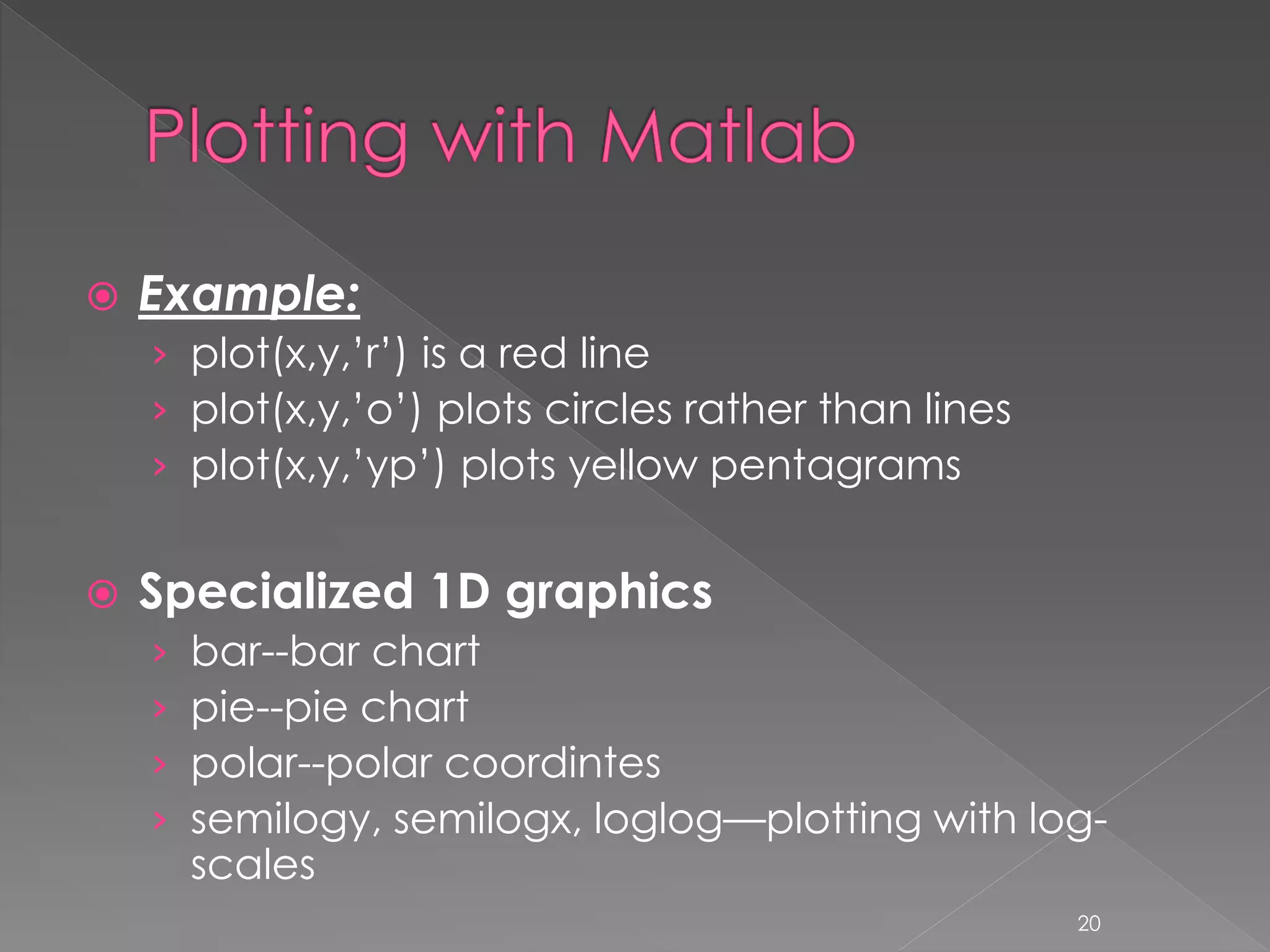  Example: › plot(x,y,’r’) is a red line › plot(x,y,’o’) plots circles rather than lines › plot(x,y,’yp’) plots yellow pentagrams  Specialized 1D graphics › bar--bar chart › pie--pie chart › polar--polar coordintes › semilogy, semilogx, loglog—plotting with log- scales 20 
