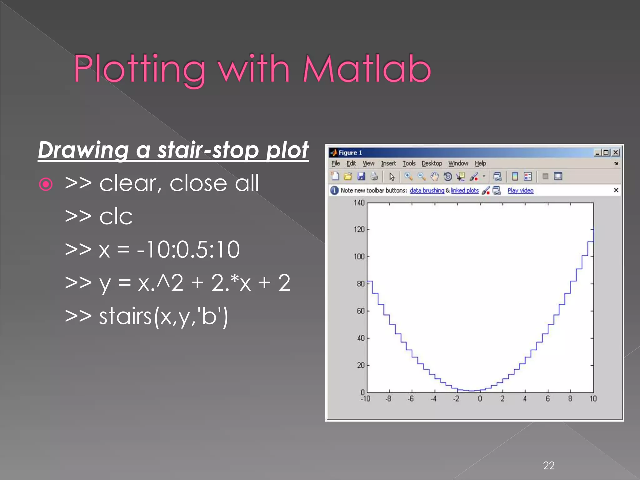 Drawing a stair-stop plot  >> clear, close all >> clc >> x = -10:0.5:10 >> y = x.^2 + 2.*x + 2 >> stairs(x,y,'b') 22 