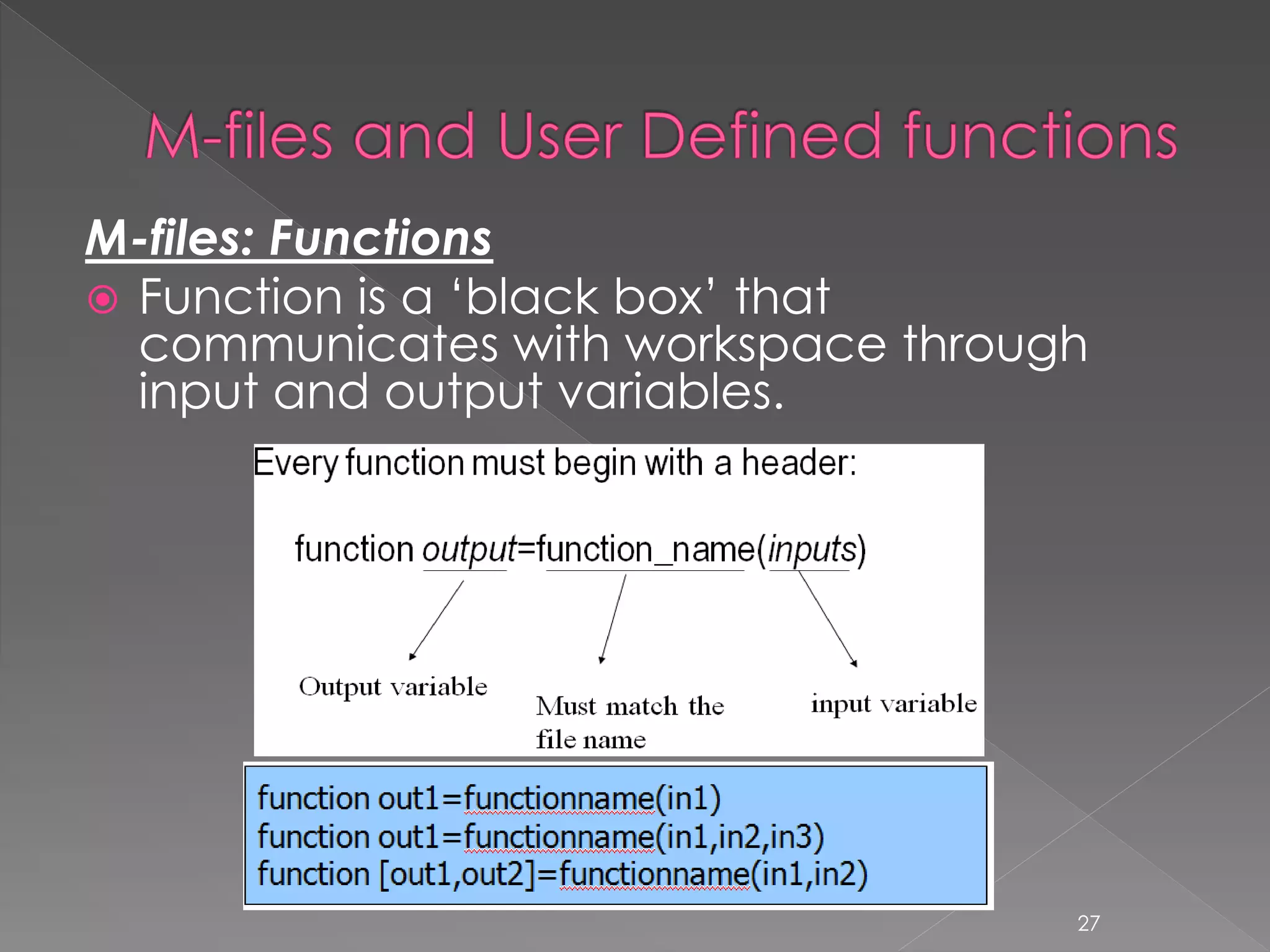 M-files: Functions  Function is a ‘black box’ that communicates with workspace through input and output variables. 27 