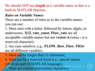 We should NOT use length as a variable name as this is a
built-in MATLAB function.
Rules on Variable Names
There are a number of rules as to the variable names
you can use:
1. Must start with a letter, followed by letters, digits, or
underscores. X12, rate_const, Flow_rate are all
acceptable variable names but not vector-A (since - is a
reserved character);
2. Are case sensitive, e.g., FLOW, flow, Flow, FlOw
are all different variables;
3. Must not be longer than 31 characters;
4. Must not be a reserved word (i.e., special names
which are part of MATLAB language);
5. Must not contain punctuation characters;
P R E P A R E D B Y H A W I . A 39
 