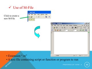 Click to create a
new M-File
• Extension “.m”
• A text file containing script or function or program to run
 Use of M-File
P R E P A R E D B Y H A W I . A 45
 