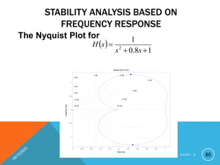 STABILITY ANALYSIS BASED ON
FREQUENCY RESPONSE
The Nyquist Plot for
Nyquist plot of H(s)
Real Axis
Imaginary
Axis
-1 -0.8 -0.6 -0.4 -0.2 0 0.2 0.4 0.6 0.8 1
-1
-0.5
0
0.5
1
0 dB
-20 dB
-10 dB
-6 dB
-4 dB
-2 dB
20 dB
10 dB
6 dB
4 dB
2 dB
 
1
8
.
0
1
2



s
s
s
H
85
P R E P A R E D B Y H A W I . A
 