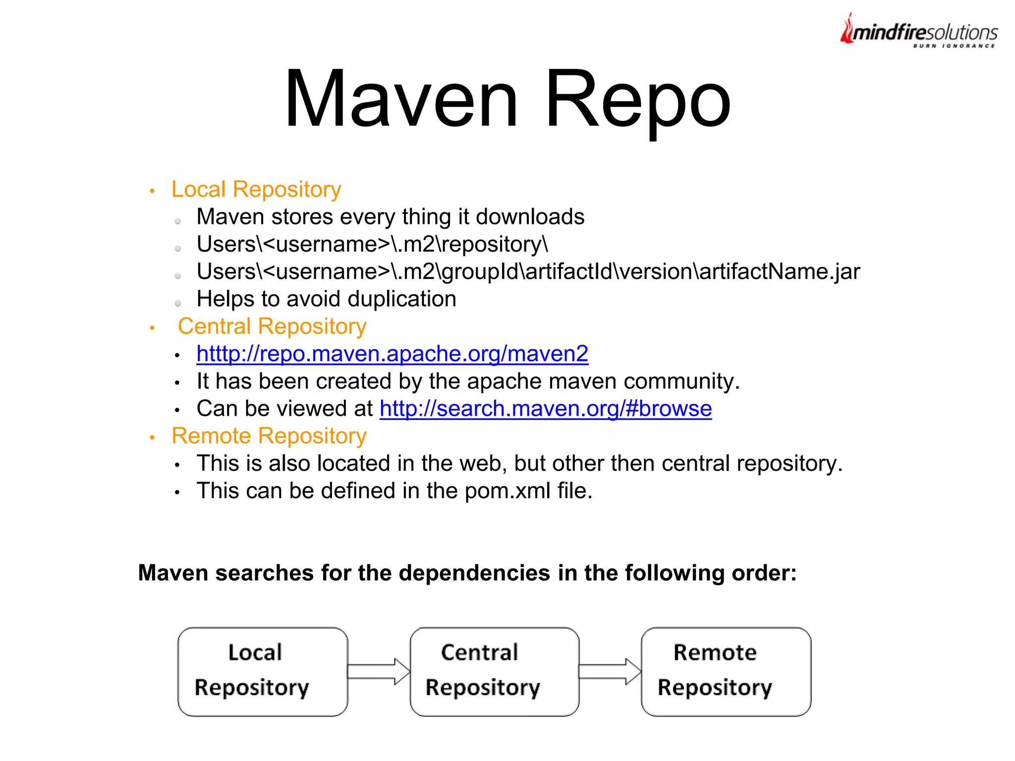 • Local Repository
Maven stores every thing it downloads
Users<username>.m2repository
Users<username>.m2groupIdartifactIdversionartifactName.jar
Helps to avoid duplication
• Central Repository
• htttp://repo.maven.apache.org/maven2
• It has been created by the apache maven community.
• Can be viewed at http://search.maven.org/#browse
• Remote Repository
• This is also located in the web, but other then central repository.
• This can be defined in the pom.xml file.
Maven searches for the dependencies in the following order:
Maven Repo
 