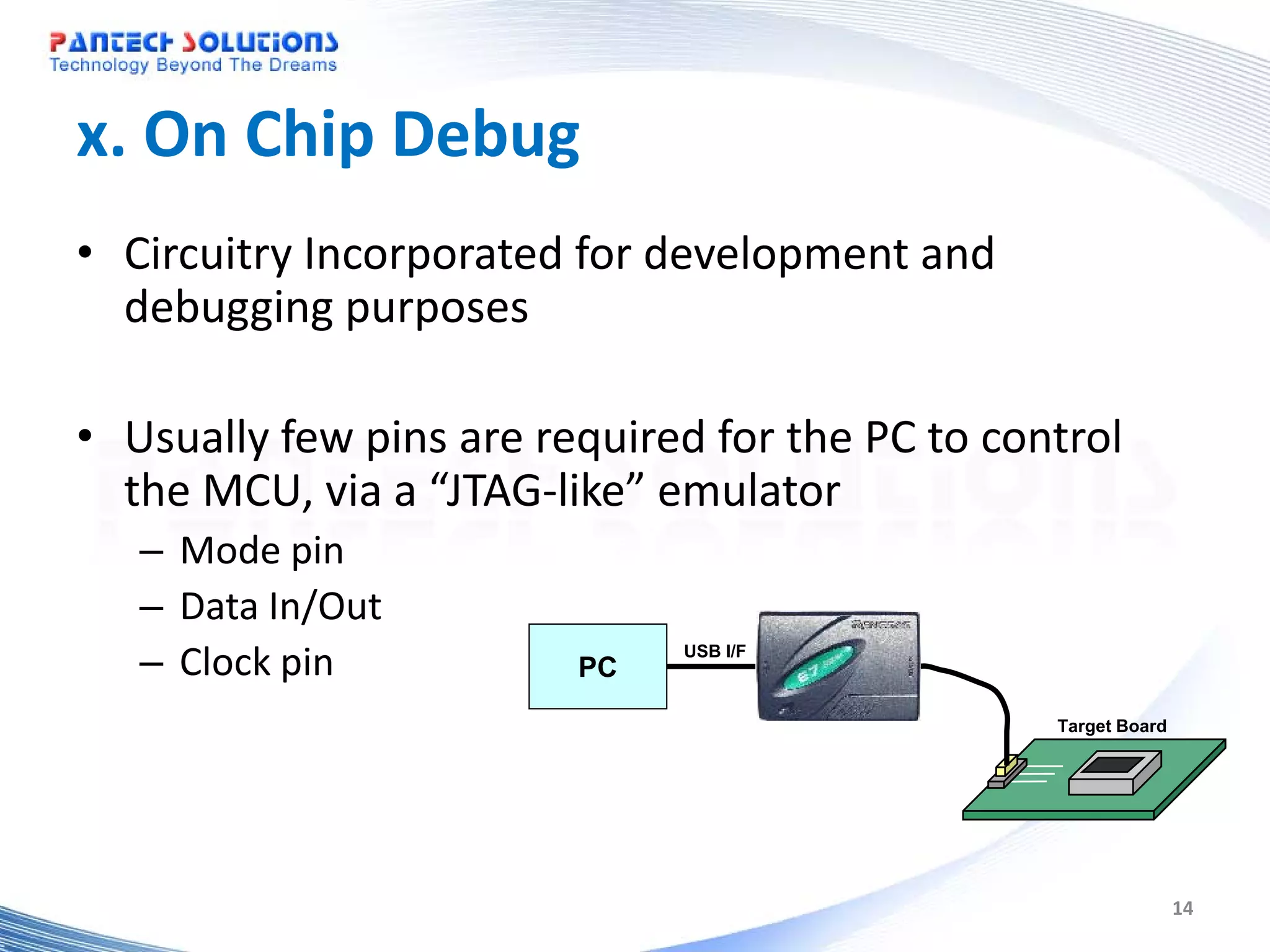 x. On Chip Debug • Circuitry Incorporated for development and debugging purposes • Usually few pins are required for the PC to control the MCU, via a “JTAG-like” emulator – Mode pin – Data In/Out – Clock pin PC USB I/F Target Board 14 