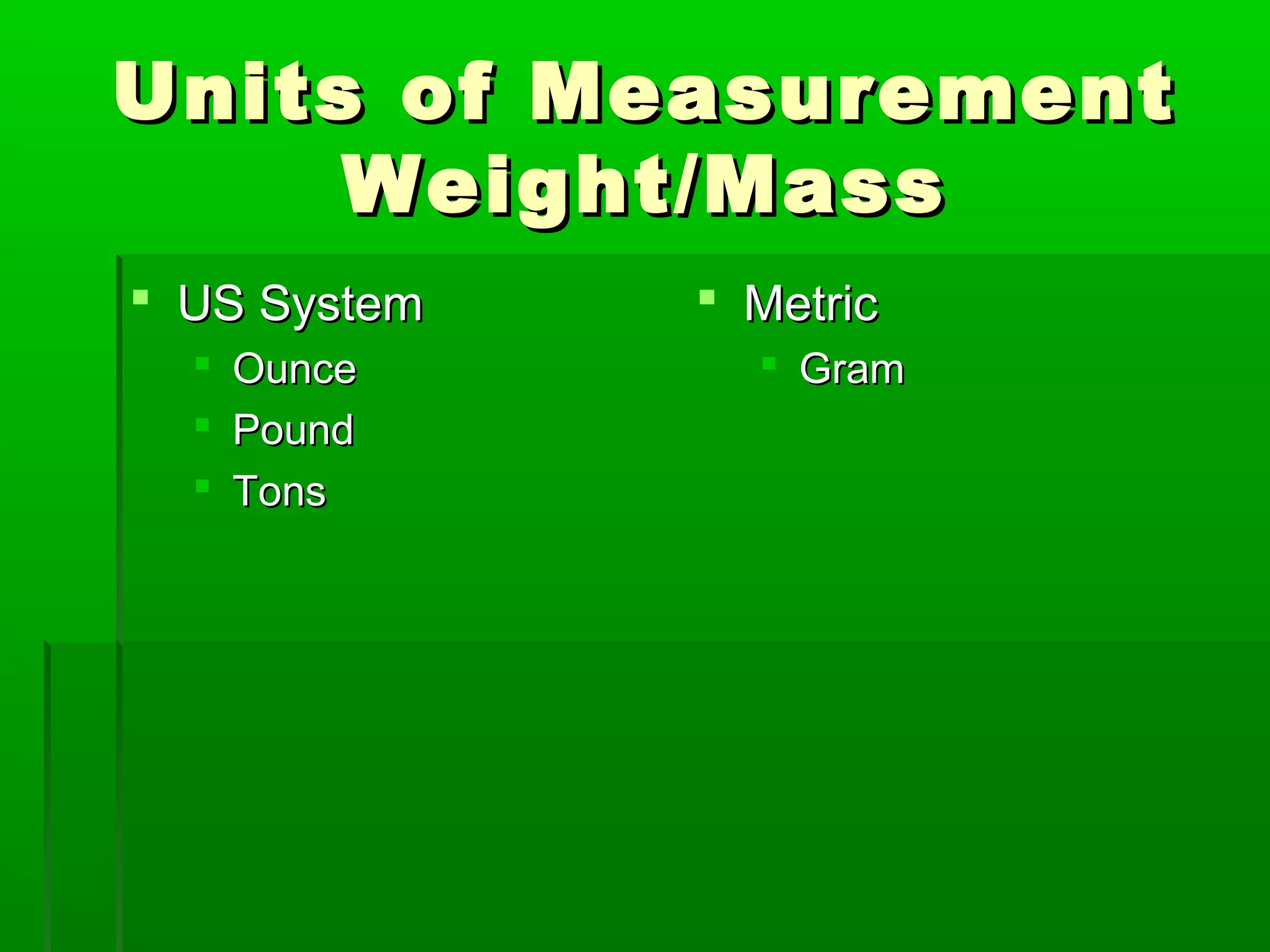 Units of MeasurementUnits of Measurement
Weight/MassWeight/Mass
 US SystemUS System
 OunceOunce
 PoundPound
 TonsTons
 MetricMetric
 GramGram
 