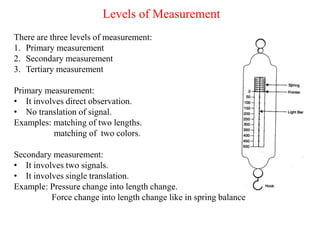 Levels of Measurement
There are three levels of measurement:
1. Primary measurement
2. Secondary measurement
3. Tertiary measurement
Primary measurement:
• It involves direct observation.
• No translation of signal.
Examples: matching of two lengths.
matching of two colors.
Secondary measurement:
• It involves two signals.
• It involves single translation.
Example: Pressure change into length change.
Force change into length change like in spring balance
 