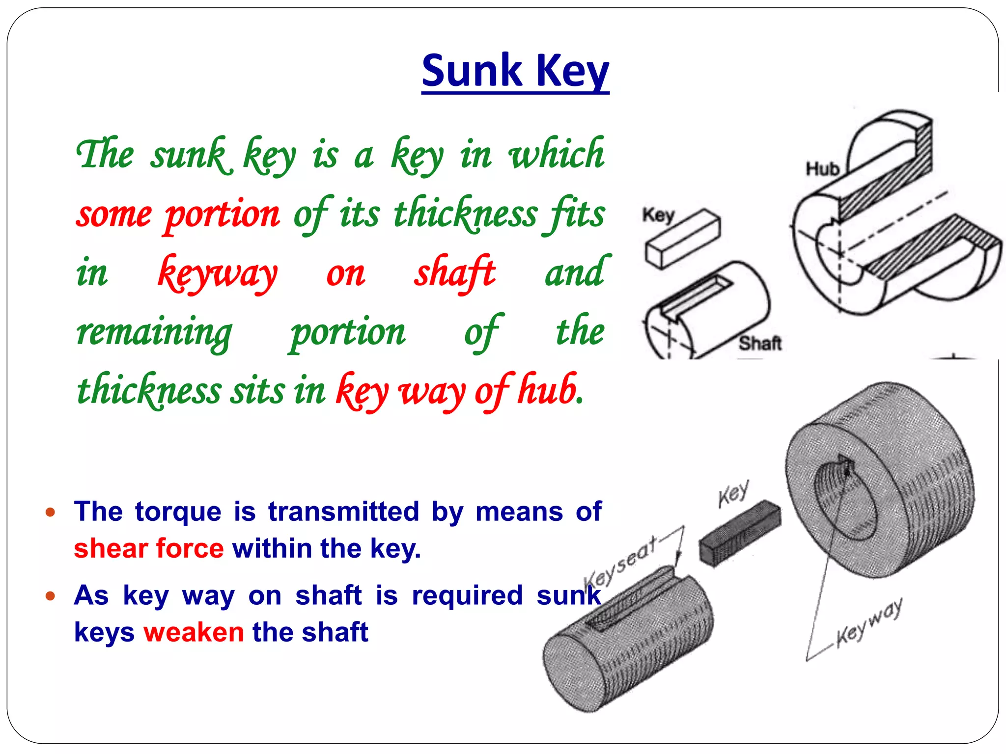 Sunk Key
The sunk key is a key in which
some portion of its thickness fits
in keyway on shaft and
remaining portion of the
thickness sits in key way of hub.
 The torque is transmitted by means of
shear force within the key.
 As key way on shaft is required sunk
keys weaken the shaft
 