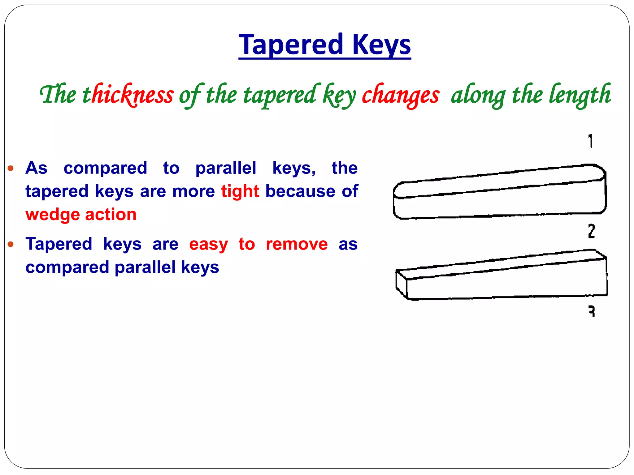 Tapered Keys
 As compared to parallel keys, the
tapered keys are more tight because of
wedge action
 Tapered keys are easy to remove as
compared parallel keys
The thickness of the tapered key changes along the length
 