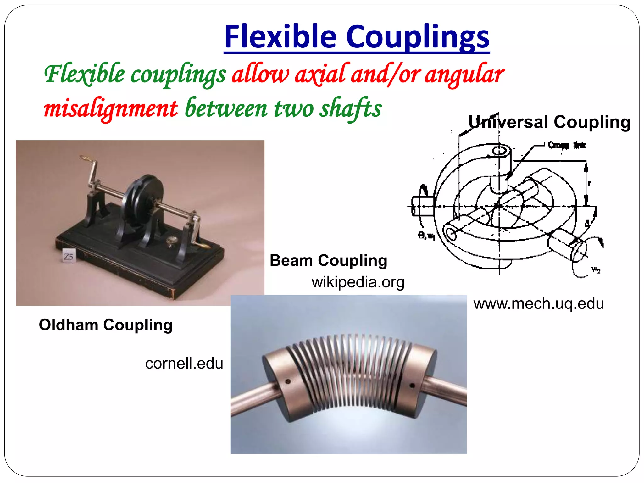 Flexible Couplings
Flexible couplings allow axial and/or angular
misalignment between two shafts Universal Coupling
cornell.edu
Oldham Coupling
wikipedia.org
www.mech.uq.edu
Beam Coupling
 