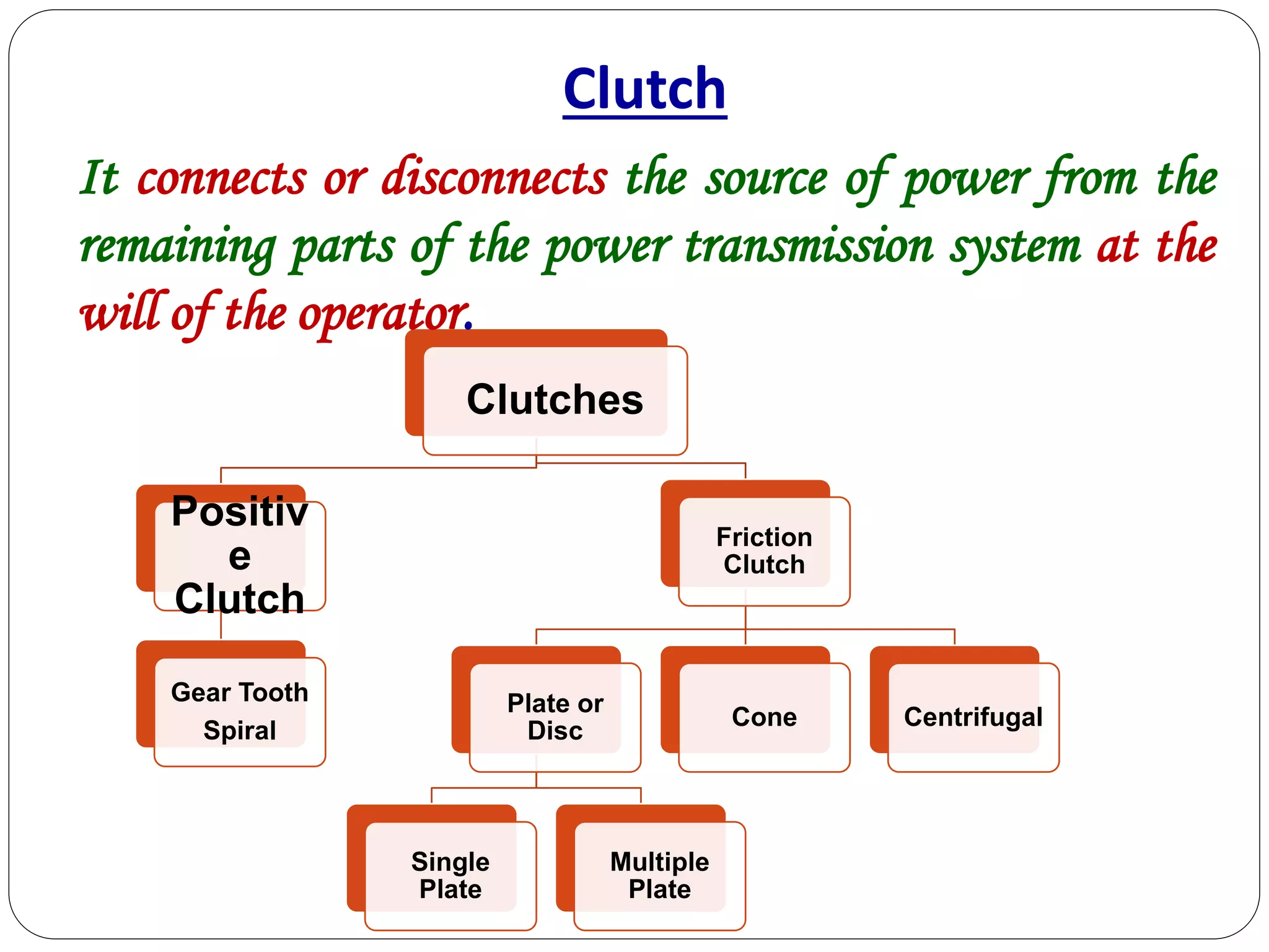 Clutches
Positiv
e
Clutch
Gear Tooth
Spiral
Friction
Clutch
Plate or
Disc
Single
Plate
Multiple
Plate
Cone Centrifugal
Clutch
It connects or disconnects the source of power from the
remaining parts of the power transmission system at the
will of the operator.
 