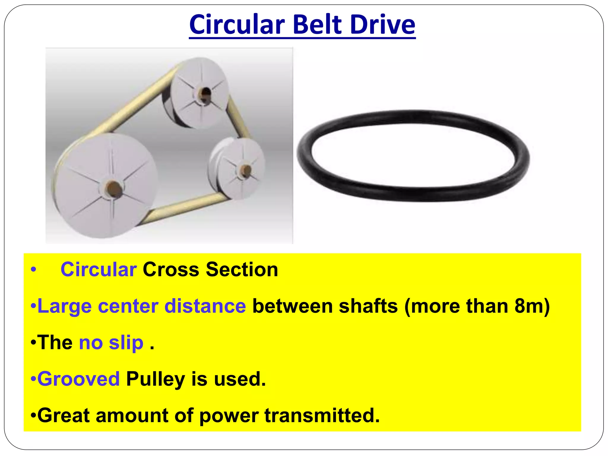 Circular Belt Drive
• Circular Cross Section
•Large center distance between shafts (more than 8m)
•The no slip .
•Grooved Pulley is used.
•Great amount of power transmitted.
 