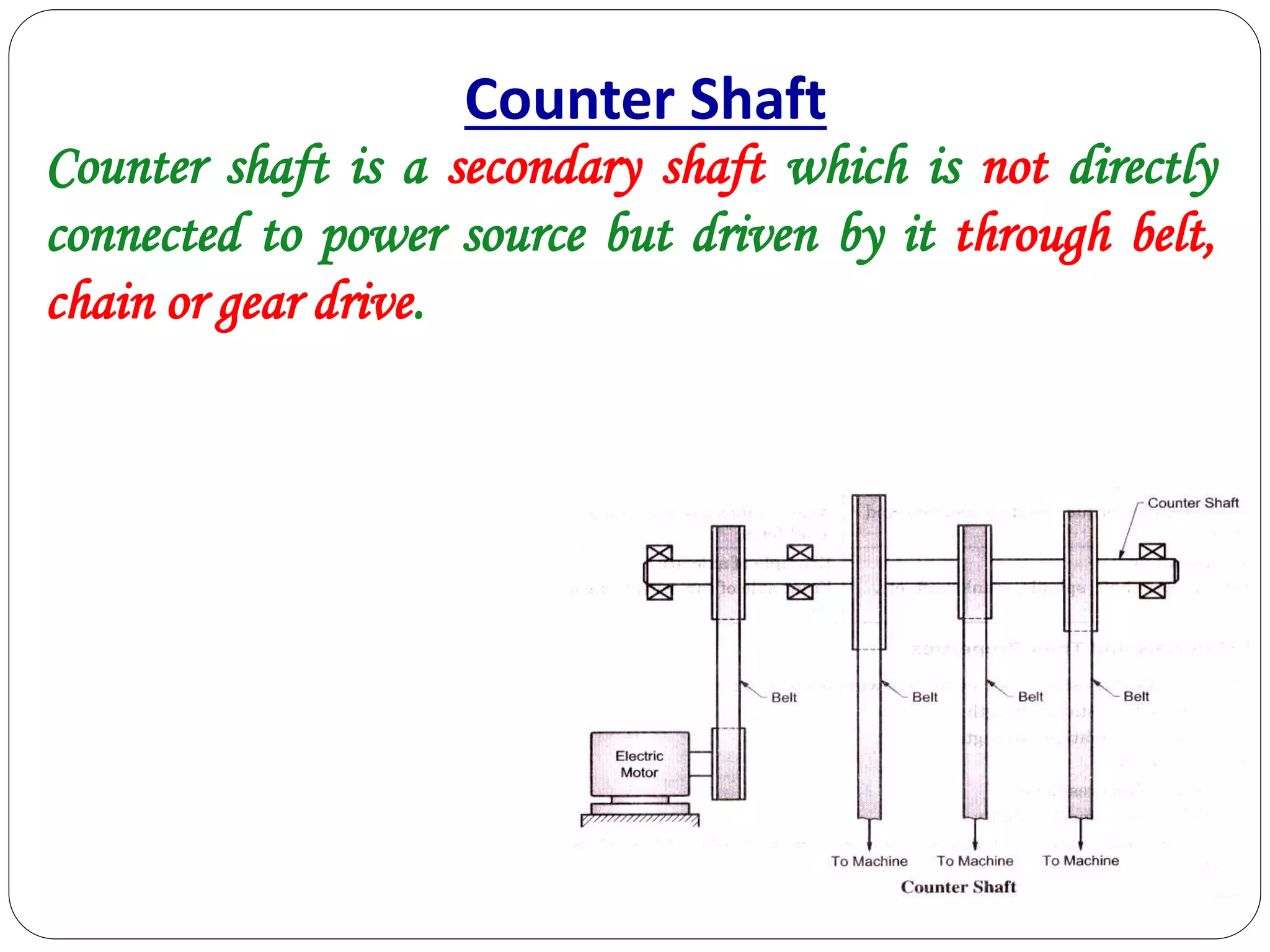 Counter shaft is a secondary shaft which is not directly
connected to power source but driven by it through belt,
chain or gear drive.
Counter Shaft
 