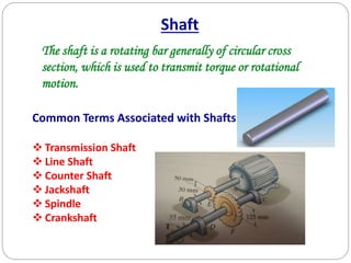 Shaft
The shaft is a rotating bar generally of circular cross
section, which is used to transmit torque or rotational
motion.
Common Terms Associated with Shafts:
 Transmission Shaft
 Line Shaft
 Counter Shaft
 Jackshaft
 Spindle
 Crankshaft
 