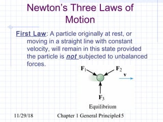 11/29/18 Chapter 1 General Principles15
Newton’s Three Laws of
Motion
First Law: A particle originally at rest, or
moving in a straight line with constant
velocity, will remain in this state provided
the particle is not subjected to unbalanced
forces.
 