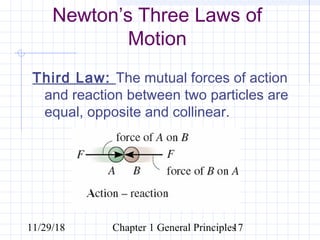 11/29/18 Chapter 1 General Principles17
Newton’s Three Laws of
Motion
Third Law: The mutual forces of action
and reaction between two particles are
equal, opposite and collinear.
 