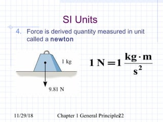 11/29/18 Chapter 1 General Principles22
4. Force is derived quantity measured in unit
called a newton
SI Units
2
s
mkg
1N1
⋅
=
 