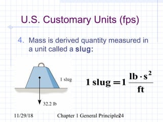 11/29/18 Chapter 1 General Principles24
U.S. Customary Units (fps)
4. Mass is derived quantity measured in
a unit called a slug:
ft
slb
1slug1
2
⋅
=
 