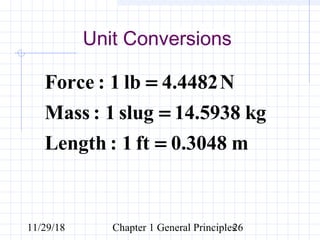 11/29/18 Chapter 1 General Principles26
Force : 1 lb 4.4482N
Mass : 1 slug 14.5938 kg
Length : 1 ft 0.3048 m
=
=
=
Unit ConversionsUnit Conversions
 