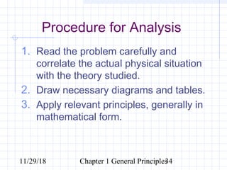 11/29/18 Chapter 1 General Principles34
Procedure for Analysis
1. Read the problem carefully and
correlate the actual physical situation
with the theory studied.
2. Draw necessary diagrams and tables.
3. Apply relevant principles, generally in
mathematical form.
 