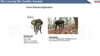 Title I Learning Title I Subtitle I Example
BigDog
Advantages
Robot with rough-terrain mobility that could
carry equipment to remote location.
Smart RoboticsApplication
System Can
•Carry 340 lb
•Run 4 mph
•Climb, run, and walk
•MovF
er
i
d
a
oy
,
vA
ep
rr
i
l
r1
o,
2
u0
1
g6
hterrain
 