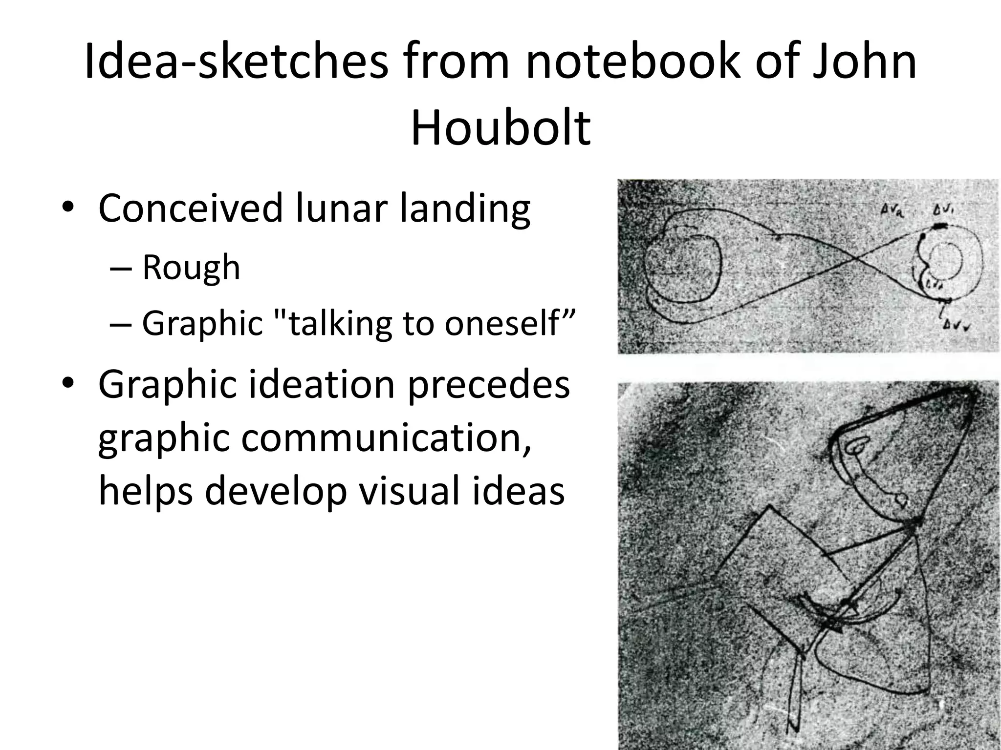 Idea-sketches from notebook of John
               Houbolt
• Conceived lunar landing
  – Rough
  – Graphic "talking to oneself”
• Graphic ideation precedes
  graphic communication,
  helps develop visual ideas
 