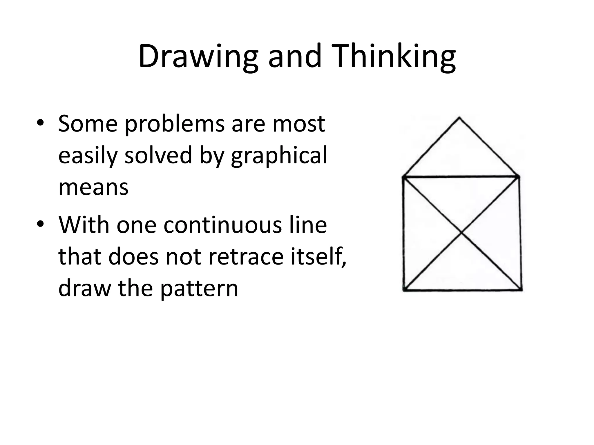Drawing and Thinking
• Some problems are most
  easily solved by graphical
  means
• With one continuous line
  that does not retrace itself,
  draw the pattern
 