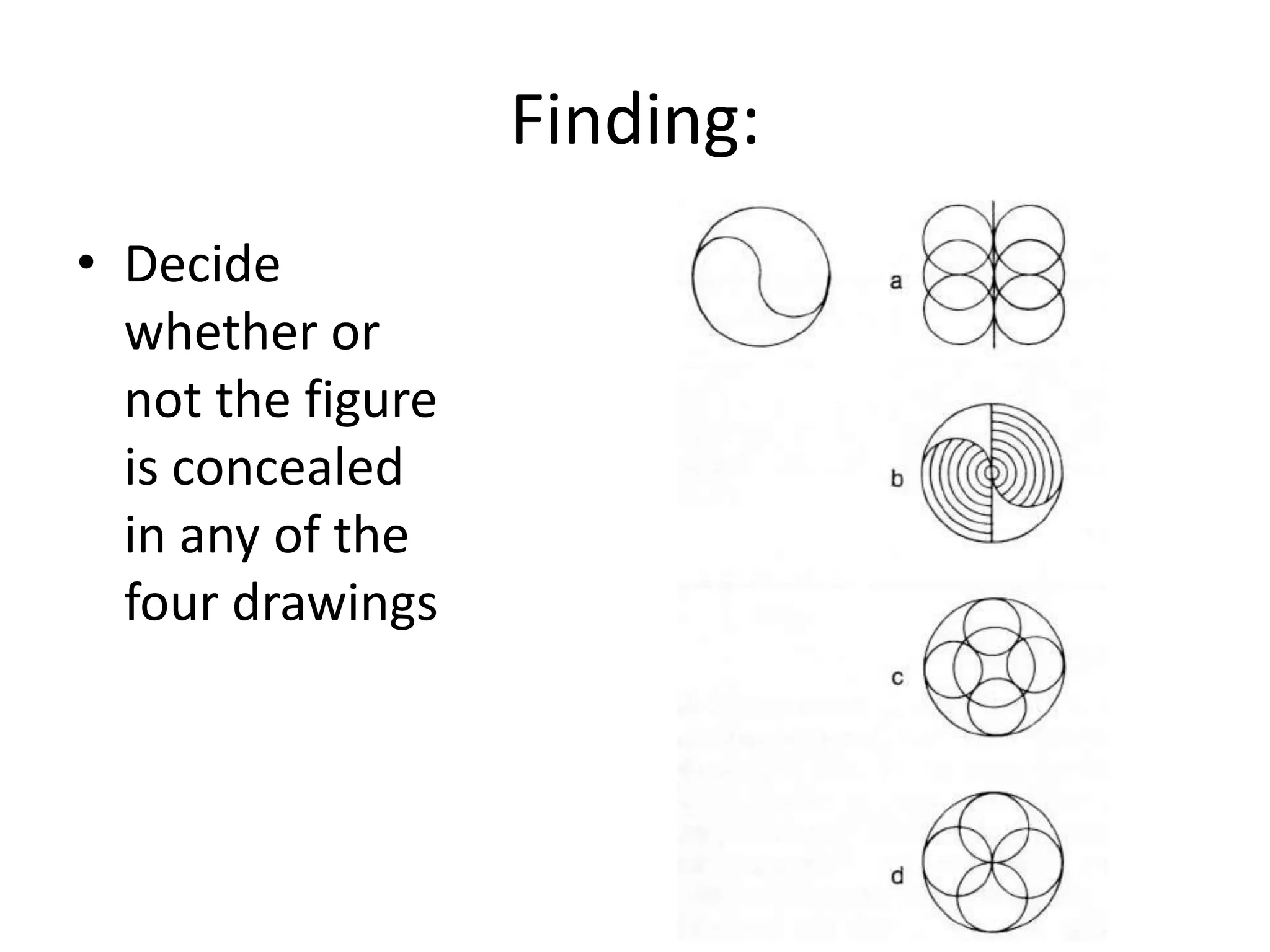 Finding:
• Decide
  whether or
  not the figure
  is concealed
  in any of the
  four drawings
 