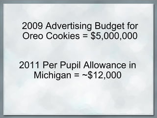 2009 Advertising Budget for Oreo Cookies = $5,000,000 2011 Per Pupil Allowance in Michigan = ~$12,000 
