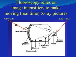 Fluoroscopy relies on
image intensifiers to make
moving (real time) X-ray pictures
XRAYS IN LIGHT OUT
 