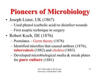 Pioneers of Microbiology
• Joseph Lister, UK (1867)
– Used phenol (carbolic acid) to disinfect wounds
– First aseptic technique in surgery
• Robert Koch, DE (1876)
– Postulates – Germ theory (1876)
– Identified microbes that caused anthrax (1876),
tuberculosis (1882) and cholera (1883)
– Developed microbiological media & streak plates
for pure culture (1881)
Dr.T.V.Rao MD @ IFCAI and
University of Hyderabad India
13
 