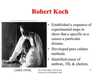 31
Robert Koch
• Established a sequence of
experimental steps to
show that a specific m.o.
causes a particular
disease.
• Developed pure culture
methods.
• Identified cause of
anthrax, TB, & cholera.
(1843-1910) Dr.T.V.Rao MD @ IFCAI and
University of Hyderabad India
 