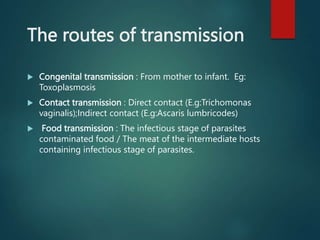 The routes of transmission
 Congenital transmission : From mother to infant. Eg:
Toxoplasmosis
 Contact transmission : Direct contact (E.g:Trichomonas
vaginalis);Indirect contact (E.g:Ascaris lumbricodes)
 Food transmission : The infectious stage of parasites
contaminated food / The meat of the intermediate hosts
containing infectious stage of parasites.
 