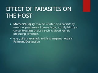 EFFECT OF PARASITES ON
THE HOST
 Mechanical injury: may be inflicted by a parasite by
means of pressure as it grows larger, e.g. Hydatid cyst
causes blockage of ducts such as blood vessels
producing infraction,
 e. g. , biliary ascariasis and larva migrans, Ascaris
Perforate/Obstruction
 