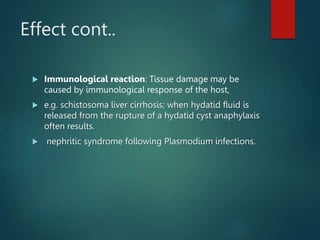 Effect cont..
 Immunological reaction: Tissue damage may be
caused by immunological response of the host,
 e.g. schistosoma liver cirrhosis; when hydatid fluid is
released from the rupture of a hydatid cyst anaphylaxis
often results.
 nephritic syndrome following Plasmodium infections.
 