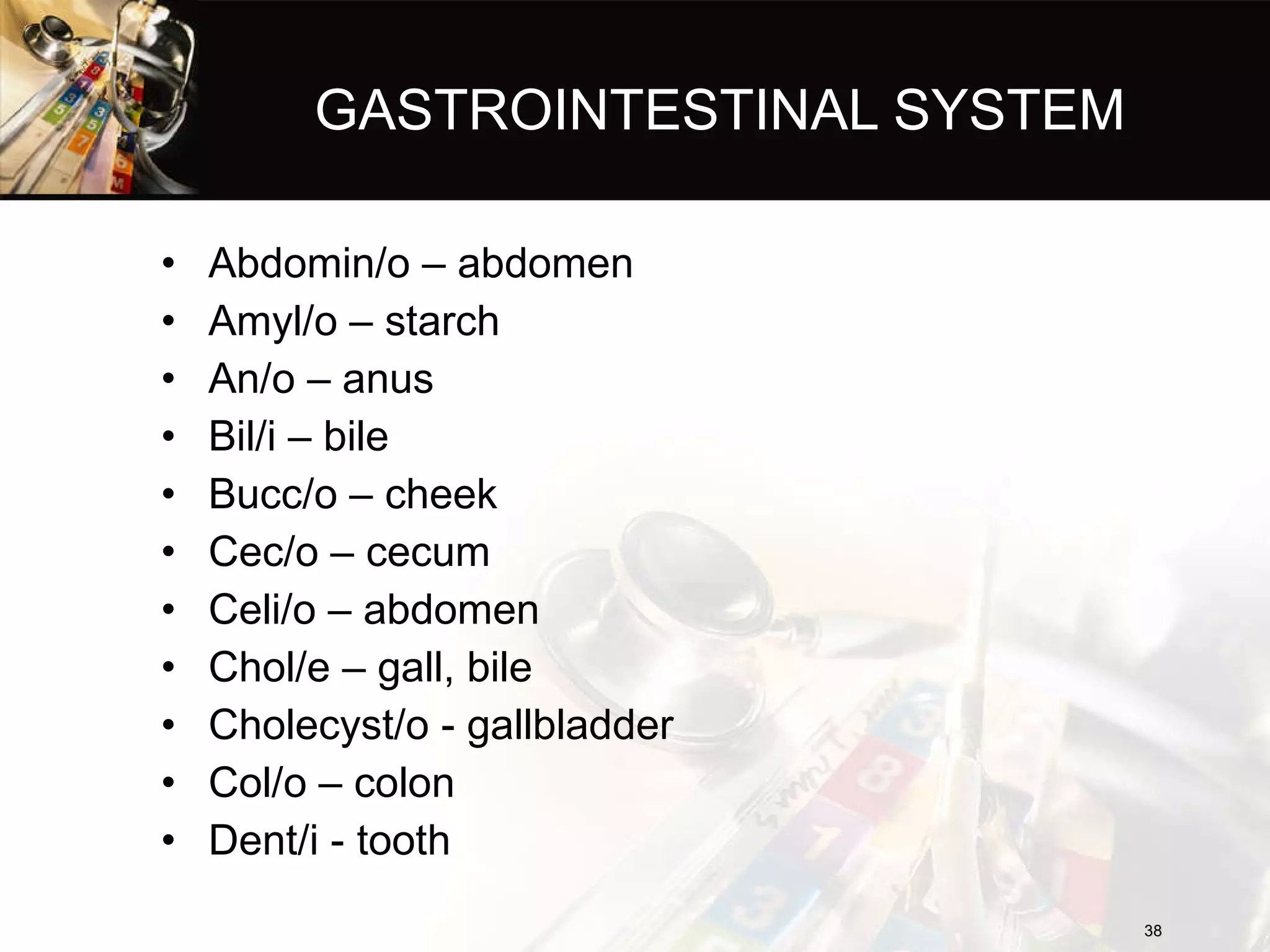 GASTROINTESTINAL SYSTEM Abdomin/o – abdomen Amyl/o – starch An/o – anus Bil/i – bile Bucc/o – cheek Cec/o – cecum Celi/o – abdomen Chol/e – gall, bile Cholecyst/o - gallbladder Col/o – colon Dent/i - tooth 