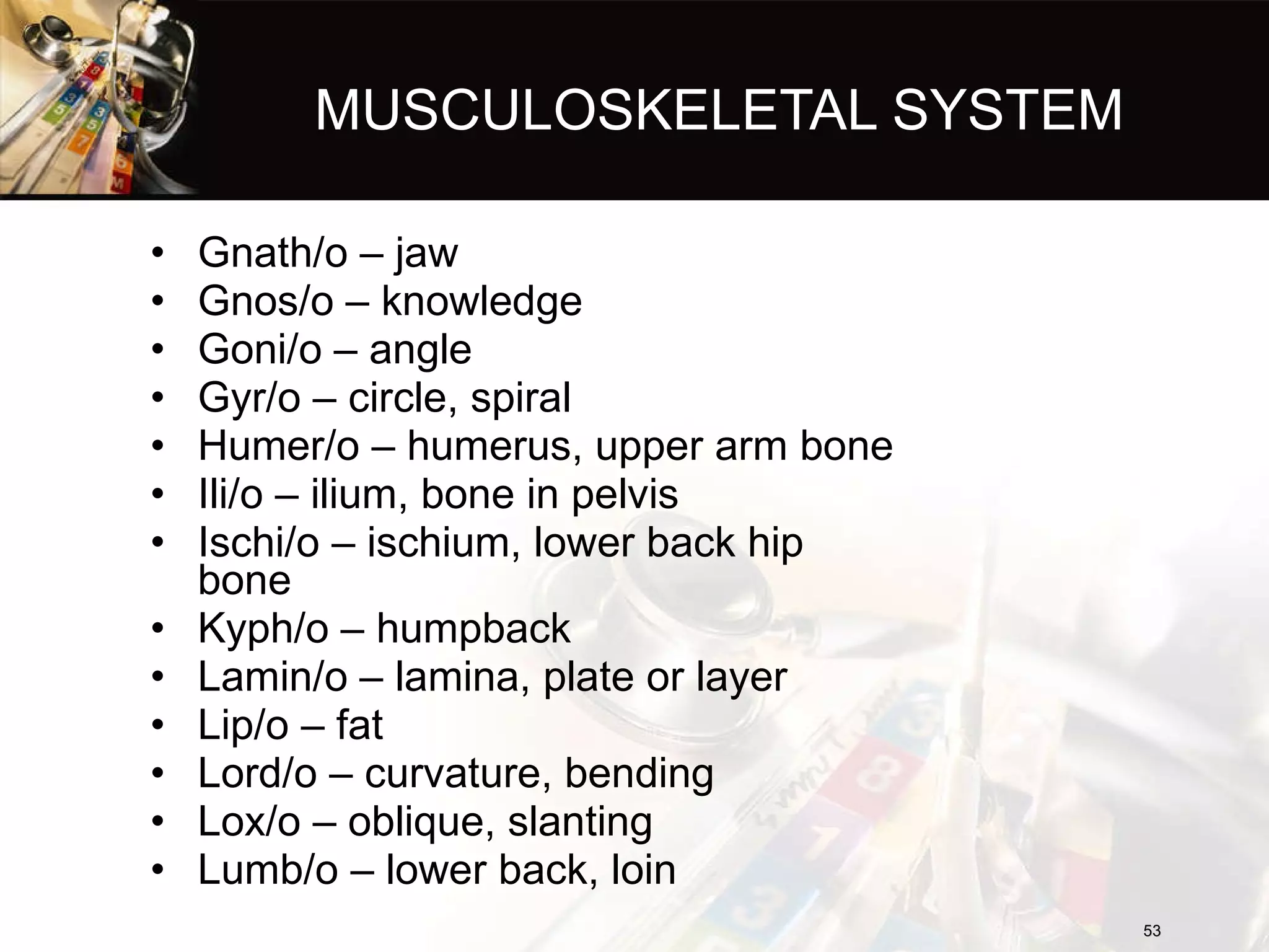 MUSCULOSKELETAL SYSTEM Gnath/o – jaw Gnos/o – knowledge Goni/o – angle Gyr/o – circle, spiral Humer/o – humerus, upper arm bone Ili/o – ilium, bone in pelvis Ischi/o – ischium, lower back hip bone Kyph/o – humpback Lamin/o – lamina, plate or layer Lip/o – fat Lord/o – curvature, bending Lox/o – oblique, slanting Lumb/o – lower back, loin 