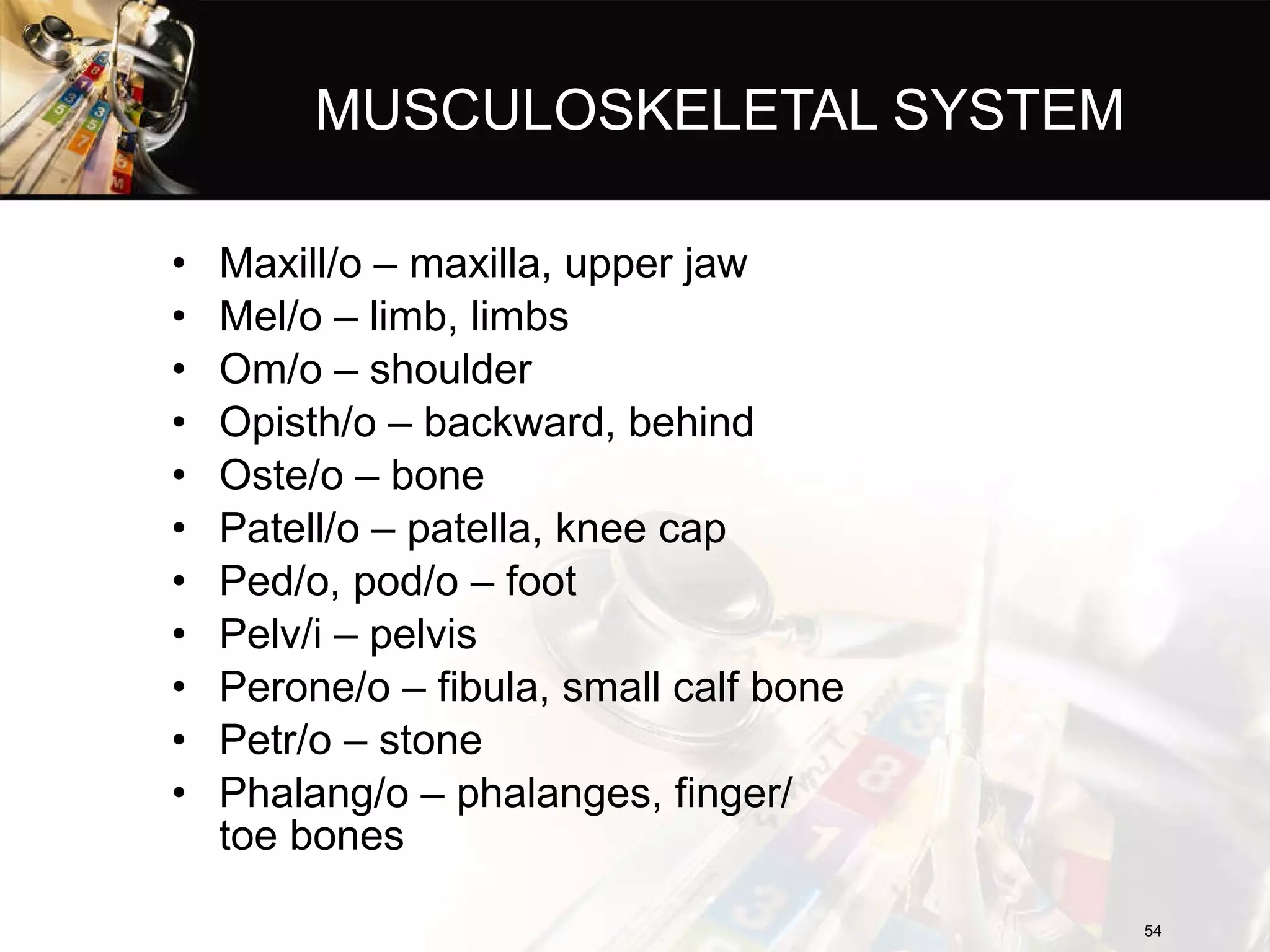 MUSCULOSKELETAL SYSTEM Maxill/o – maxilla, upper jaw Mel/o – limb, limbs Om/o – shoulder Opisth/o – backward, behind Oste/o – bone Patell/o – patella, knee cap Ped/o, pod/o – foot Pelv/i – pelvis Perone/o – fibula, small calf bone Petr/o – stone Phalang/o – phalanges, finger/ toe bones 