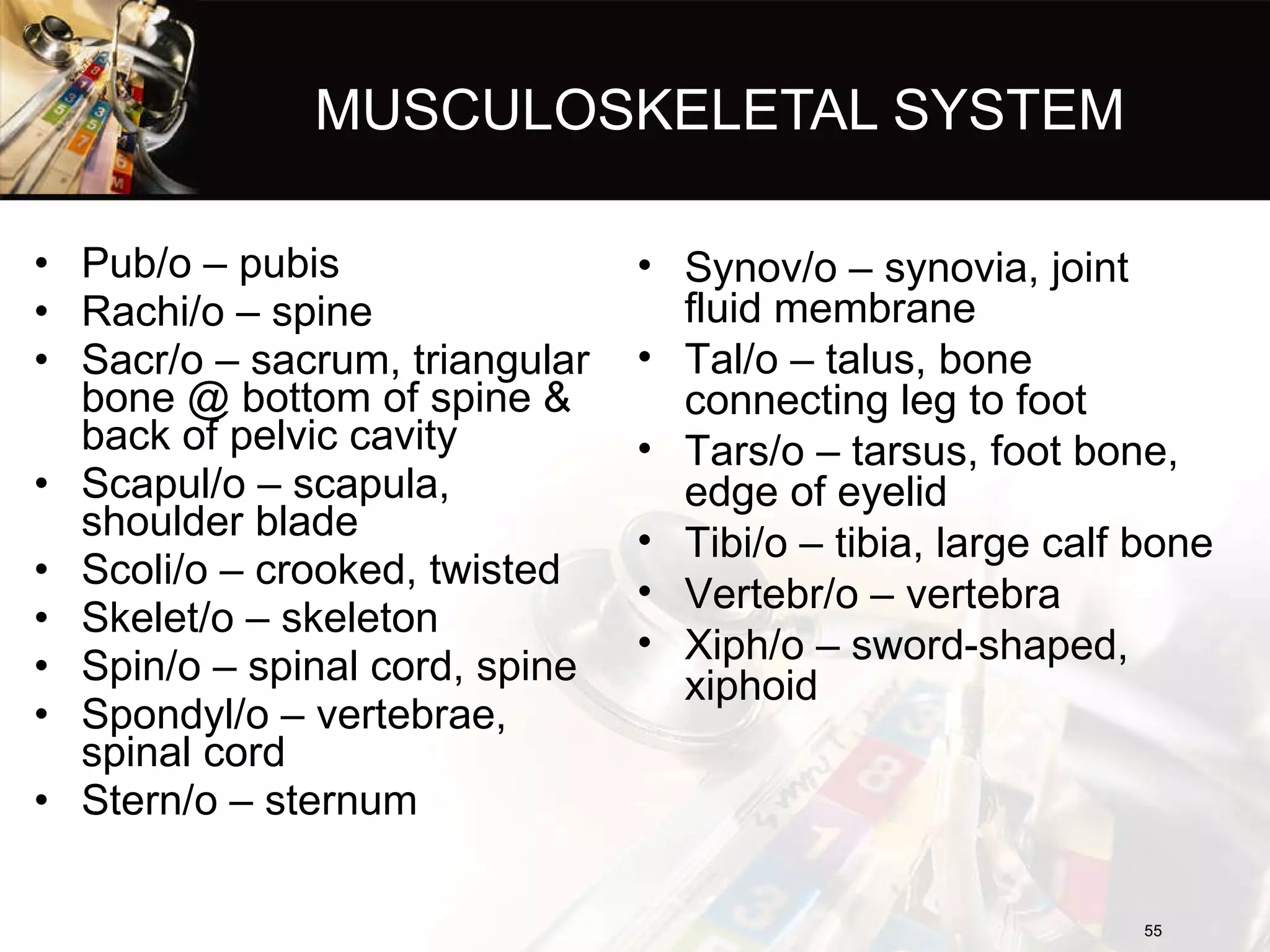 MUSCULOSKELETAL SYSTEM Pub/o – pubis Rachi/o – spine Sacr/o – sacrum, triangular bone @ bottom of spine & back of pelvic cavity Scapul/o – scapula, shoulder blade Scoli/o – crooked, twisted Skelet/o – skeleton Spin/o – spinal cord, spine Spondyl/o – vertebrae, spinal cord Stern/o – sternum Synov/o – synovia, joint fluid membrane Tal/o – talus, bone connecting leg to foot Tars/o – tarsus, foot bone, edge of eyelid Tibi/o – tibia, large calf bone Vertebr/o – vertebra Xiph/o – sword-shaped, xiphoid 