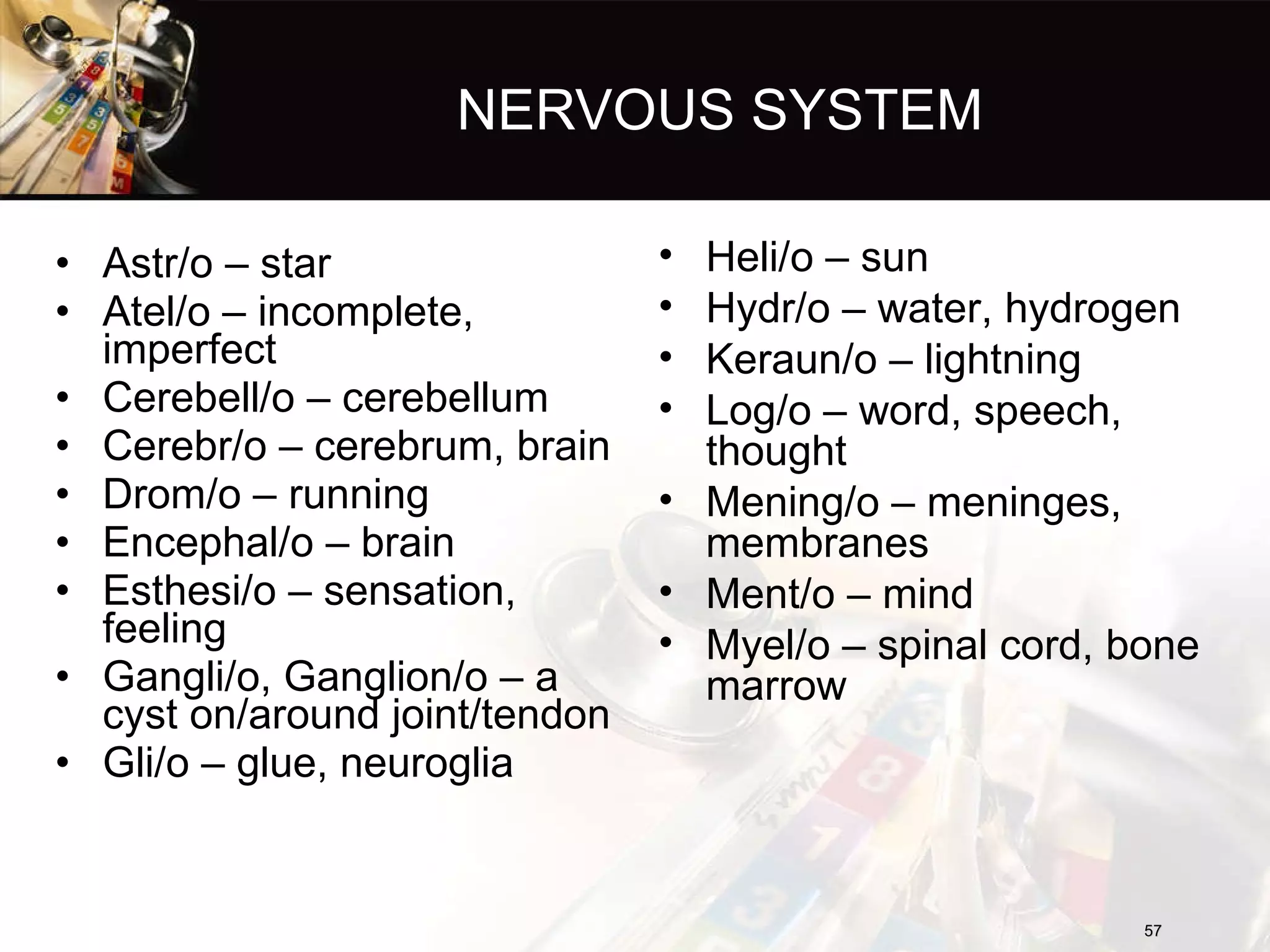 NERVOUS SYSTEM Astr/o – star Atel/o – incomplete, imperfect Cerebell/o – cerebellum Cerebr/o – cerebrum, brain Drom/o – running Encephal/o – brain Esthesi/o – sensation, feeling Gangli/o, Ganglion/o – a cyst on/around joint/tendon Gli/o – glue, neuroglia Heli/o – sun Hydr/o – water, hydrogen Keraun/o – lightning Log/o – word, speech, thought Mening/o – meninges, membranes Ment/o – mind Myel/o – spinal cord, bone marrow 